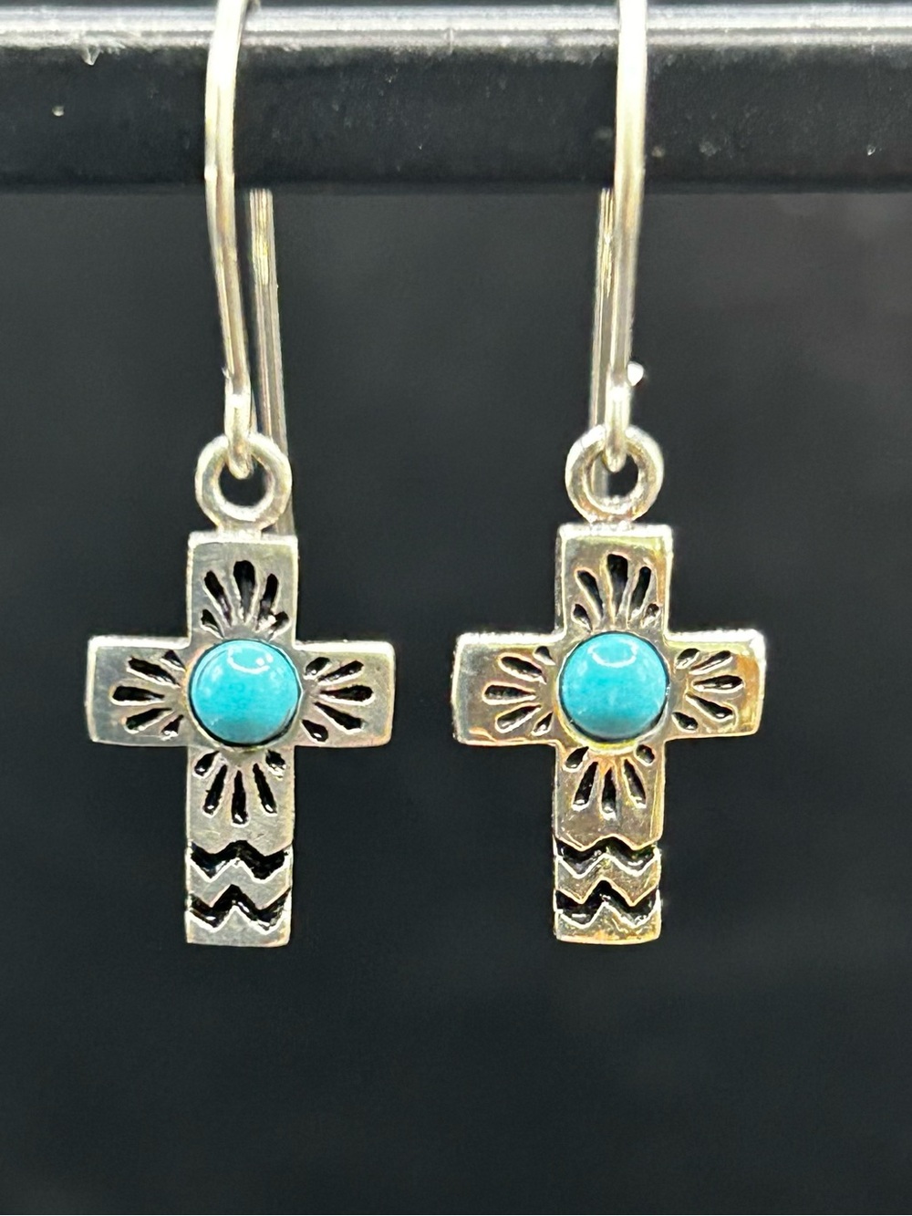 Vintage 925 Sterling Silver Turquoise Small Cross Earrings